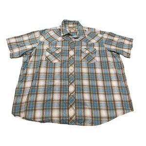 Wrangler Men's 2XL Plaid Western Fashion Snap Shirt Beige Blue Cowboy Ranch Hand